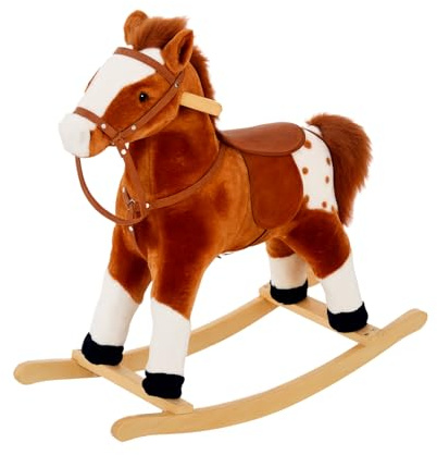 HOMCOM Cavallo a Dondolo in Legno con Suono Animale Regalo Giocattolo per i Bambini, 74 x 28 x 65 cm, Marrone