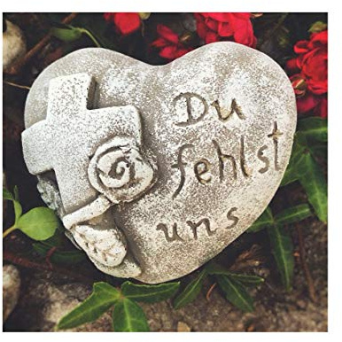 Radami Grabherz mit Spruch - Du fehlst uns - Grabschmuck Dekoherz Steinguss Herz m. Kreuz 07