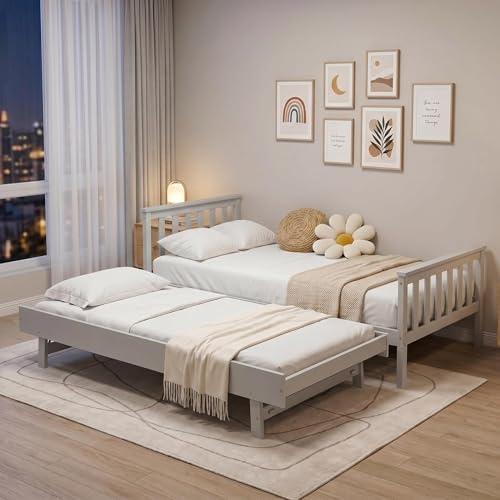 Panana Wooden Single Day Guest Bed With Pull Out Under Bed - 2 in 1 Bedroom Furniture, Fits 90 * 190 Mattress, Trundle Included (Gray)