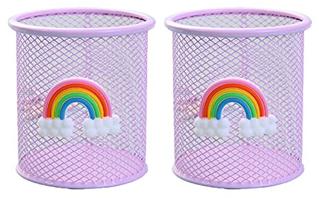 2 Pack Pen Holder Metal Mesh Pencil Holder Round Desk Tidy Pen Pot | with Rainbow Pattern for Desk Office Pen Organizer Pink