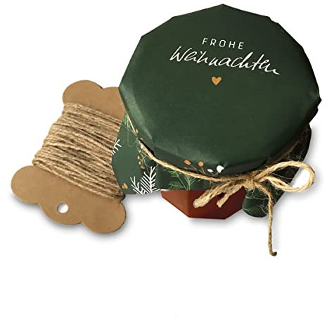 25 Marmeladendeckchen - Frohe Weihnachten - Gläserdeckchen grün für Marmelade, Marmeladengläser & Einmachgläser, Recyclingpapier Abreißblock + 10 m Jute Garn + Justiergummi, Beeren & Tannenzweige