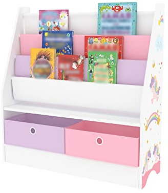 [en.casa] Kinderregal Neda Bücherregal für Kinder mit 3 Ablagefächern Einhorn-Motiv Spielzeug Aufbewahrungsregal mit 2 Faltboxen Kinderzimmerregal stehend 74 x 71 x 23 cm Weiß/Lila/Rosa