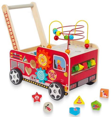 Wooden Baby Walker with Bead Maze for 1 Year Old and up, Wood Push Toy for 12 Month, Toddle Cart with Blocks