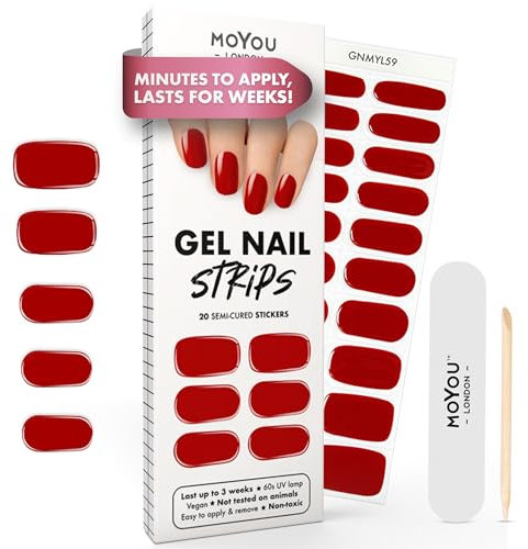 MOYOU LONDON Semi Cured Gel Nail Strips - 20 Pcs. Waterproof Gel Nail Wraps, Cures in Sunlight or UV/LED Lamp, Lasts Up to 2+ Weeks, Stretchable, Easy to Apply & Remove, Vegan & Cruelty-Free