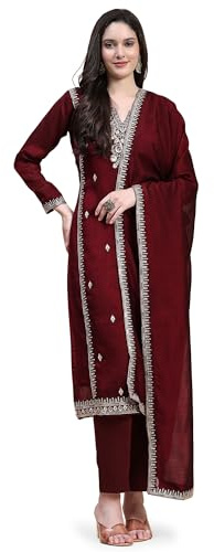 TRENDMALLS Women's Vichitra Silk Kurta Pant Suit Set (UKTM.G158-Maroon-XL)
