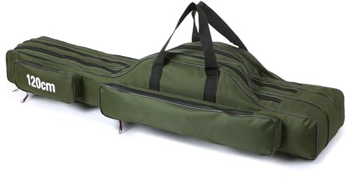 Sunydog Borsa per canne da pesca pieghevoli da 120cm a 3 strati, borsa portatile per il trasporto e la conservazione di canne da pesca e mulinelli (verde militare)