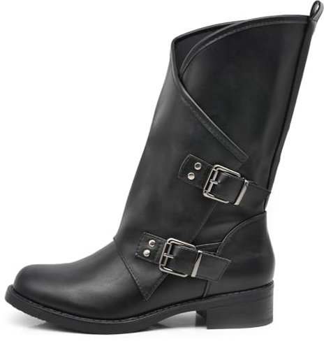 IF Fashion Zapatos Botas de Mujer de Caña Ancha Biker Motociclista Con Hebillas Anfibi WZ688-66, 38 EU