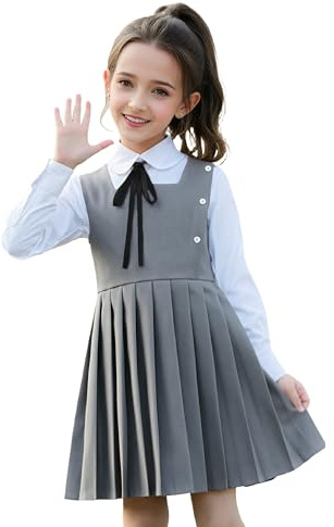 LOLANTA Plisserad overall för skoluniform, fyrkantig hals, ärmlös, med dekorativa knappar, veckfri, 5–12 år, Färg: grå, 7-8 �r