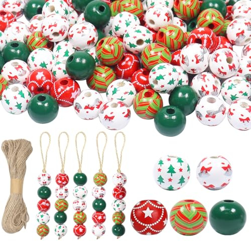 120 Piezas Cuentas de Madera Navideñas, 16 mm Cuentas de Madera con Agujeros y Cuerda de Cáñamo, Perlas de Navidad para Manualidades, DIY Decoración de árbol de Navidad