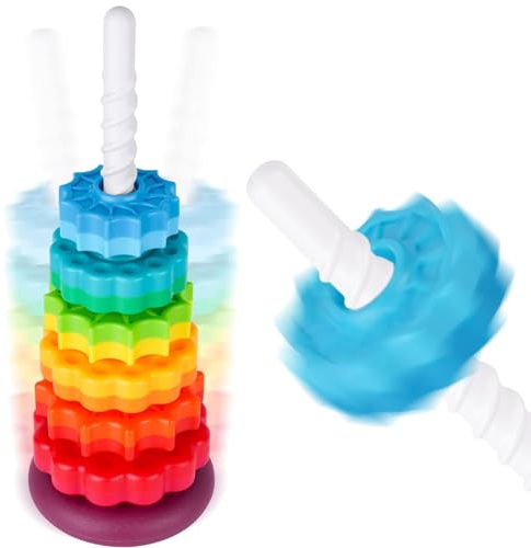 CaYYYZC Tour empilable de 41 cm avec Fonction rotative, Anneaux empilables Arc-en-Ciel pour Enfants, Roues rotatives Bicolores, Jouet éducatif en Plastique ABS sans BPA pour la précoce et Le