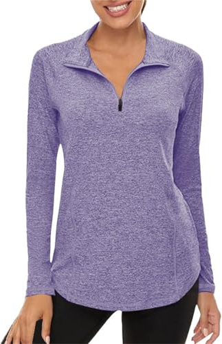 ZTFYKLIN Blusas De Mujer Elegantes Camiseta Deportiva Manga Larga para con Cuello Alto Y Media Cremallera. Transpirable Funcional Fitness, Running, Yoga Actividades Al Aire (Purple, S) Verano