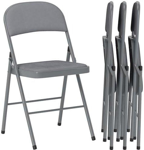 HOMCOM Metal Folding Chairs, 4 Pack Velvet-Feel Foldable Chairs with Cushion for Office Reception Waiting Room Party, Light Grey