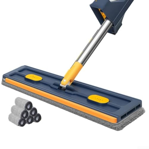 Mocio piatto girevole a 360 gradi per piastrelle in legno duro e con manico regolabile in acciaio inossidabile per una facile pulizia di angoli e bordi (scatola con blu scuro)