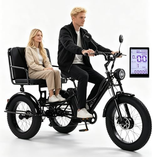 Triciclo Eléctrico De 24 Pulgadas Con Neumáticos Anchos Y Asiento Para Pasajero, 48 V/18 Ah Electric Tricycle, Carga MáXima: 150 Kg, Pantalla Lcd Y Faro Delantero, Para Ciudad Y MontañA. Black