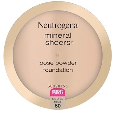 Neutrogena Mineral Sheers Lightweight Loose Powder Makeup Foundation with Vitamins A, C, & E, Sheer to Medium Buildable Coverage, Skin Tone Enhancer, Face Redness Reducer, Natural Beige 60,.19 oz