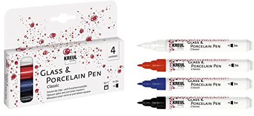 Kreul 16440 - Penna per Vetro e Porcellana Classic fine, 4 Colori in Un Set, Punta Che Mantiene la Forma, Larghezza del Tratto Circa 1-2 mm, Vernice Opaca a Base d'Acqua per Vetro e Porcellana