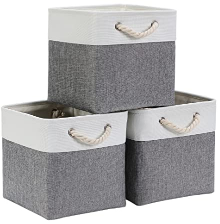 Mangata Set di 3 Scatole per Armadio,Cesto portaoggetti Tessuto, Cestino portaoggetti con Corde, 28 x 28 x 28 cm, per Guardaroba, Armadio, Scaffali (Pieghevole, Grigio BIanco)
