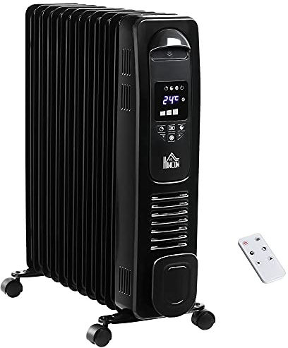 HOMCOM 2500W Digital Display Oil Filled Radiator, 11 Fin Portable Electric Heater with Timer, Adjustable Thermostat, Three Heat settings, Safety Cut Off, Remote, Black