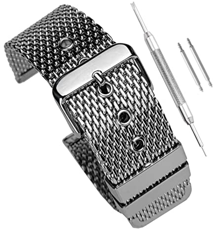 20mm Milanese Shark Mesh Watch Bracelet | Silver Stainless Steel Replacement Dive Strap | Mirror Polished Buckle and Fittings | Spring Bars and Tool Included (20 mm)