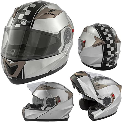 A-Pro Motorradhelm Klapphelm Doppelvisier Grafik Touring ECE 22 Genehmigt Silber L