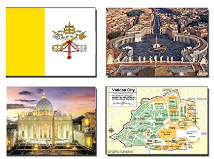 JUEGO DE 4 Imanes para nevera de la Ciudad del VATICANO – BANDERA DE LA CIUDAD DEL VATICANO MAPA DE LA CIUDAD DEL VATICANO ATRACCIONES DE LA CIUDAD