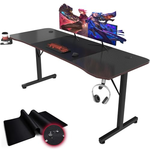 Devoko Bureau Gaming 180 x 60cm, Grande Surface de Table Gaming Ergonomique,Stable Bureau Gamer en Forme de T avec Rangement pour Câbles, Crochet pour Casque, Porte-Gobelet et Tapis de Souris