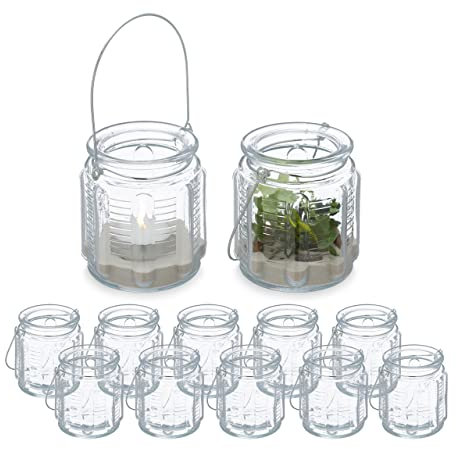 Relaxdays Windlicht, 12er Set, Glas, mit Henkel, innen & außen, Deko Teelichthalter, HxD: 9 x 8,5 cm, transparent/Silber