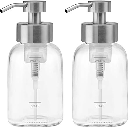 Grove Co. Foaming Soap Dispenser, 2 x Refillable Glass Bottles with Stainless Steel Pump, Reusable Liquid Hand Soap Set for Kitchen or Bathroom, Square Base, Reduce Plastic Waste