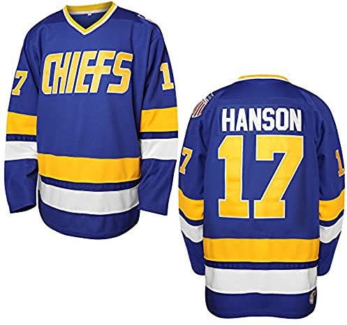 Hanson Brothers Hockeytrikot 16 Charlestown Chiefs 17 Jeff Slap Shot 18 Movie Hockeytrikot Blau Weiß S-3XL, 17hanson blau, L