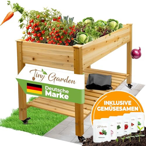 Tiny Garden Premium Hochbeet aus Holz mit Rollen für Balkon 122x59x81,5cm perfektes Hochbeet für Kinder oder als Kräuterbeet für die Terrasse, Erdbeerbeet