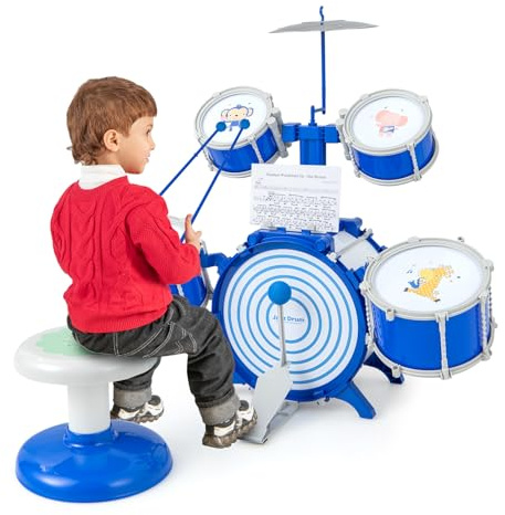 Maxmass Kids Drum Kit, Toddler Jazz Drum Set with Bass Drum, 2 Middle Drums, 2 Snare Drums, 2 Drumsticks, Foot Pedal, Foot Pedal & Stool, Children Musical Instrument Percussion Drum Toy for Boys Girls