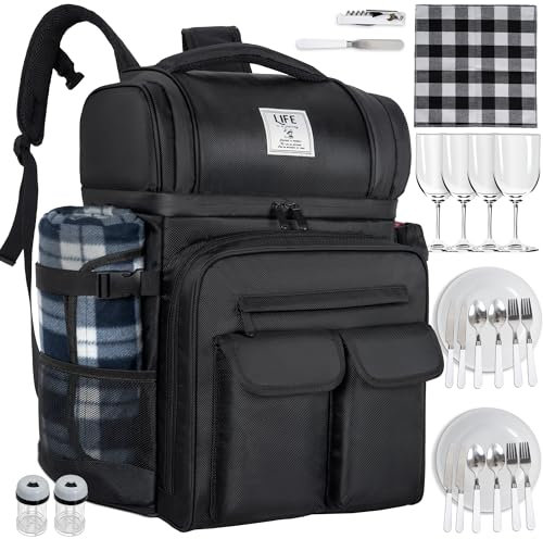 ITHWIU Picknickrucksack für 4 Personen mit 2 isolierten auslaufsicheren Kühlfächern, 4 Bestecksets, Weinhalter, Fleecedecke, perfekt für Strand, Camping, Wandern, Schwarz