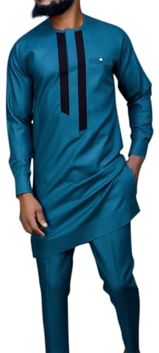 Caxndycing Ensemble 2 pièces pour homme - Tunique traditionnelle et pantalon - Costume ethnique dashiki - Vêtements africains - Haut chemise et pantalon - Tenue Dashiki, bleu, L