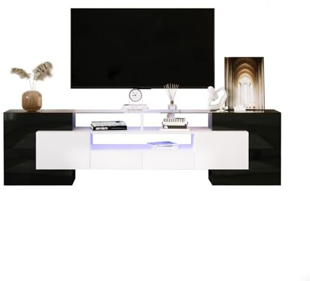 Azkoeesy 200 cm TV-Schrank in Hochglanz weiß/Schwarz, mit LED-Beleuchtung, TV-Board, Fernsehtisch, Lowboard, mit 2 Schubladen und Türen, Glastischplatte