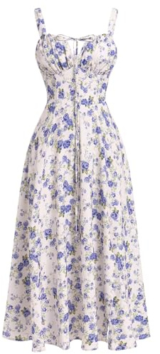 Odizli Vestido de verano sexy para mujer sin mangas con tirantes estilo Boho con flores, largo con abertura, L