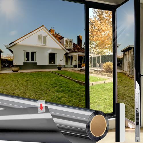 HOMTOL Spiegelfolie Fenster Sichtschutz, 90x400cm Sonnenschutzfolie Fenster Innen Mit Plastikschaber, Spiegelfolie Selbstklebend Keine Klebstoffe, Sonnenschutzfolie Fenster Außen, Sonnenschutz Fenster