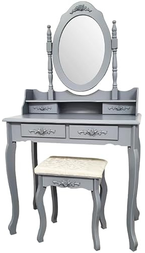 BDW TL01 Toeletta - con specchio, cassetti e sgabello - Tavolino - per camera da letto, cameretta dei ragazzi -Tavolo da trucco - Tavolo da toeletta - Tavolo per cosmetici - Stile vintage - Grigio