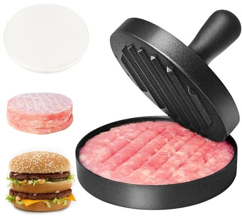 Asdirne Pressa per hamburger, in acciaio inox per uso alimentare, con manico in ABS, antiaderente, 11,5 cm, 50 fogli di carta per tortini inclusi