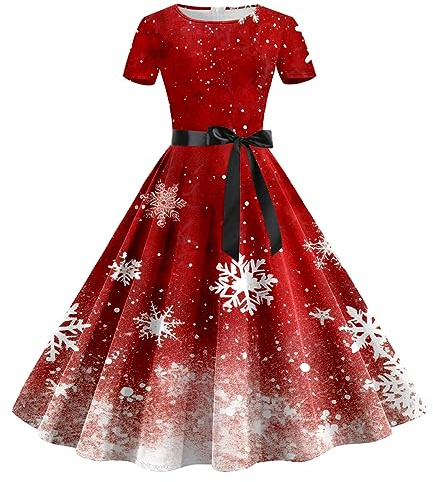 Vestido de Navidad para Mujer, Estilo Vintage, Manga Corta, diseño de muñeco de Nieve