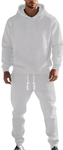 amropi Uomo Tute da Jacquard Pullover Felpa con Cappuccio e Jogging Pantaloni Sportiva Set Bianco, XL