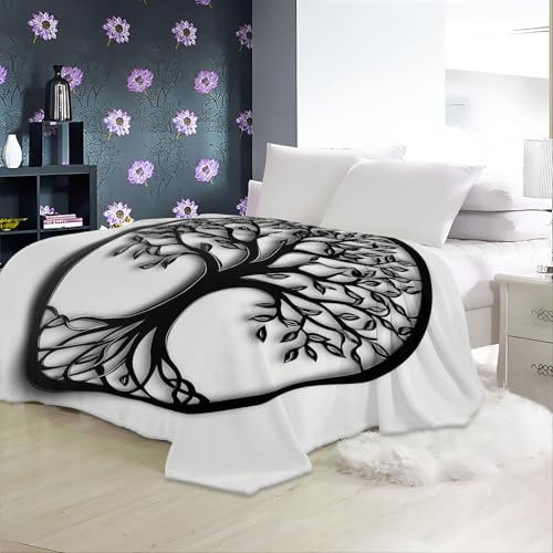 Kuscheldecke Einfachheit Lebensbaum Motiv Weich Decken 220 x 240 cm Warme Couchdecke und Tagesdecke Grau Bedruckte Kuscheldecken für Herbst Winter Schlafzimmer Büro Sofa