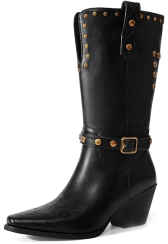 RONILURN Womens Cowboy Cowgirl Boots Wide Mid Calf Square Toe Riding Boots Block Chunky Heel Low Heel Distressed Studded Boot