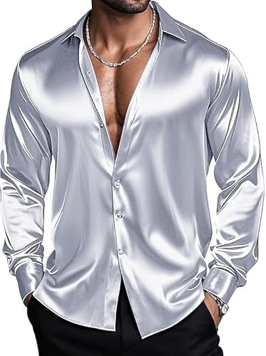 Barry.Wang Men's Silver Grey Shirts Long Sleeve Dress Shirt Stretch Solid Button Down Satin Shirt Formal Casual Business