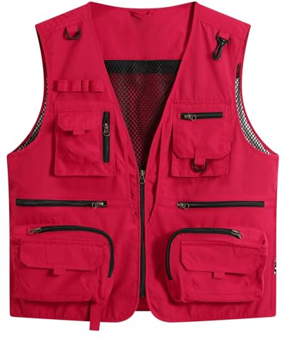YOUTHUP Utility fiskeväst för män utomhus arbetsvästar sommar jakt fotografi safari Gilet, Röd, L