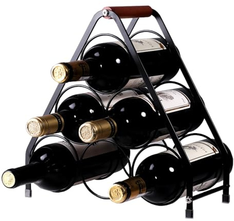 Axroad Mall Metal Wine Rack, 6 Bottles Stackable Wine Organizer with Wooden Handle, 3 Tier Freestanding Wine Bottle Storage Rack for Countertop Table Top Coffee Bar Kitchen (Black, Triangle)