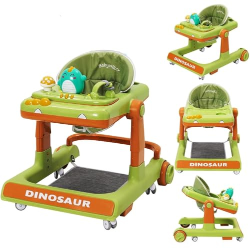 Gåvagn babydinosaurie med musikaliskt lekset, fotstöd, justerbar höjd, 360° tyst 6 hjul, med bromsstöd, baby walker, gåhjälp, lämplig för spädbarn från 0+