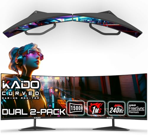 Kado 25 Class Dual Gaming Monitor Setup - 2-Pack 24.5 Curved 1500R 240Hz 1ms 1920x1080 Computer Monitor, Parallel Gaming AMD FreeSync Premium Panoramic, VESA Mount HDMI DisplayPort Built-in Speakers