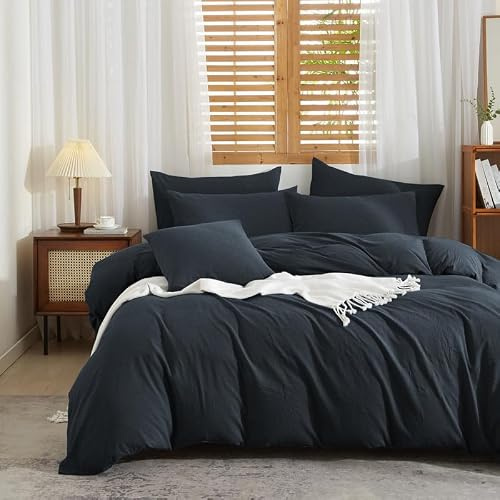 Gezu Housse de Couette Coton Lin 220x240 Gris Parure de Lit 100% Lin Coton | Doux Respirant Linge de Lit 2 Personnes avec Fermeture Éclair et Taies d'oreiller 65x65 cm