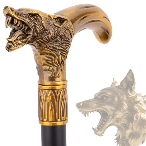 Bastón para Caminar Rey Lobo de Latón y Aleación de Aluminio para Hombres y Mujeres, Bastón Metálico Gótico Decorativo y Ornado con Empuñadura Ergonómica para Personas Mayores