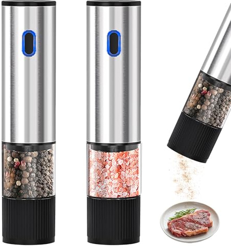 2er Set Salz und Pfeffermühle Elektrisch, USB Wiederaufladbar Gewürzmühle Elektrisch mit 80ml Transparenter Behälter, Einstellbarer Grobheit Elektrische Pfeffer und Salzmühle für Gewürze, Kräuter